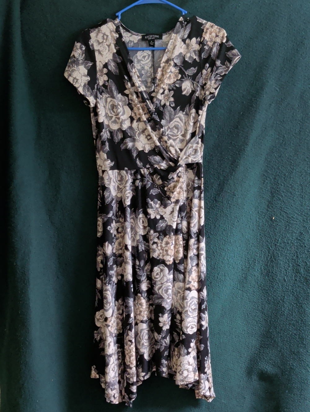 Perceptions Black Floral Faux-Wrap Midi Dress with Cream Roses